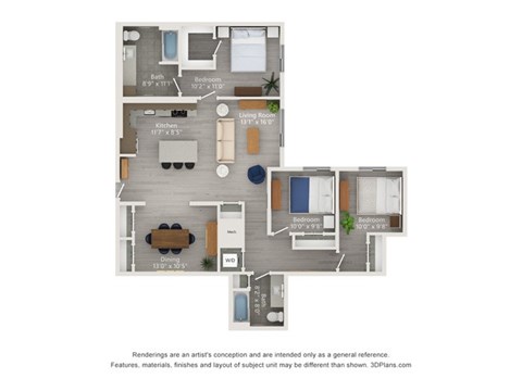 A floor plan of a small apartment with a kitchen, living room, and bedrooms.